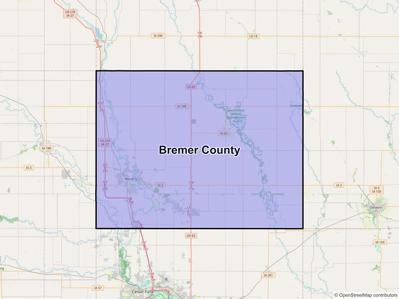 Map of Bremer County, Iowa and ZIP codes