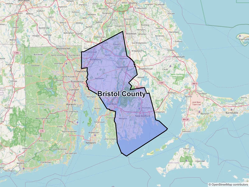 Map of Bristol County, Massachusetts and ZIP codes