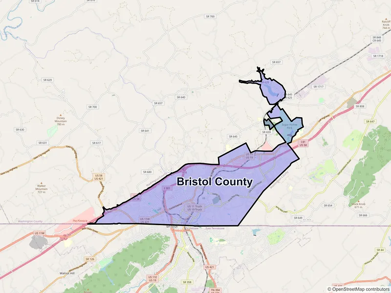 Map of Bristol County, Virginia and ZIP codes