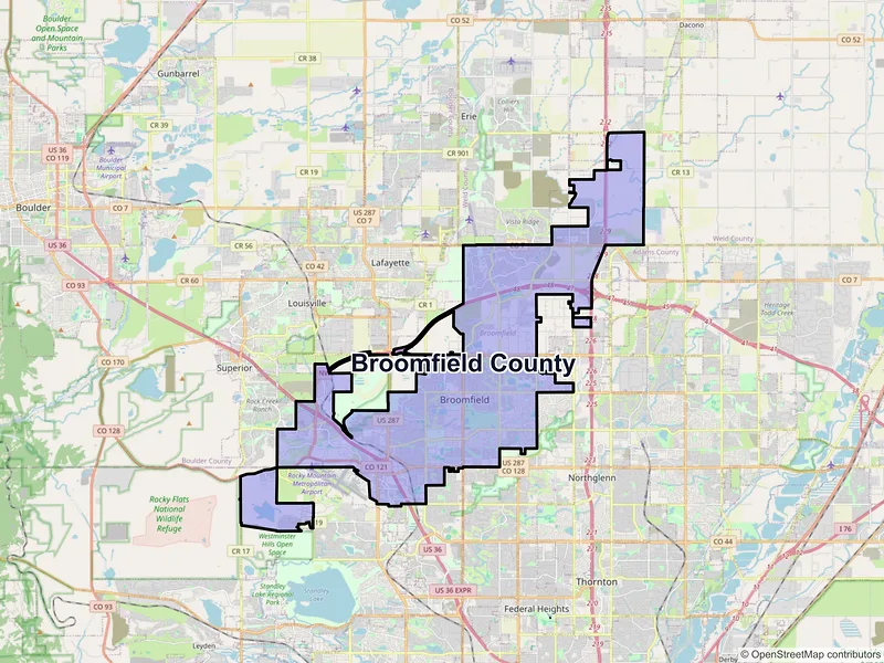 Map of Broomfield County, Colorado and ZIP codes