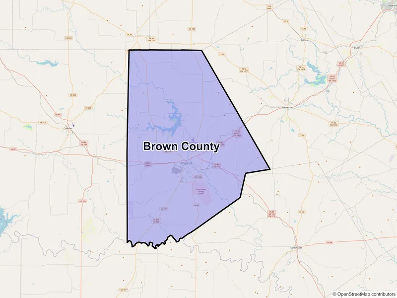Map of Brown County, Texas and ZIP codes