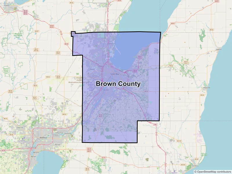Map of Brown County, Wisconsin and ZIP codes