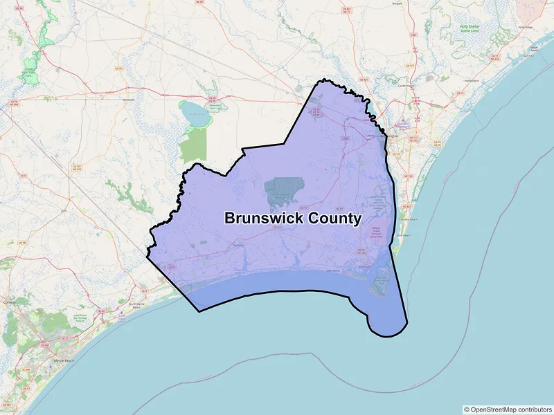 Map of Brunswick County, North Carolina and ZIP codes
