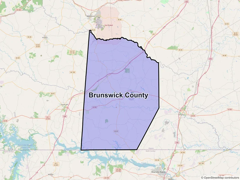 Map of Brunswick County, Virginia and ZIP codes