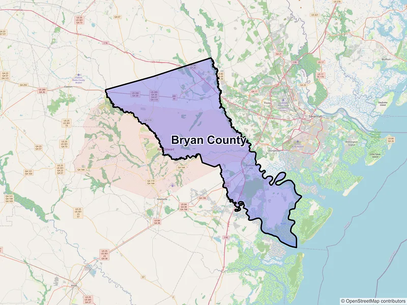 Map of Bryan County, Georgia and ZIP codes