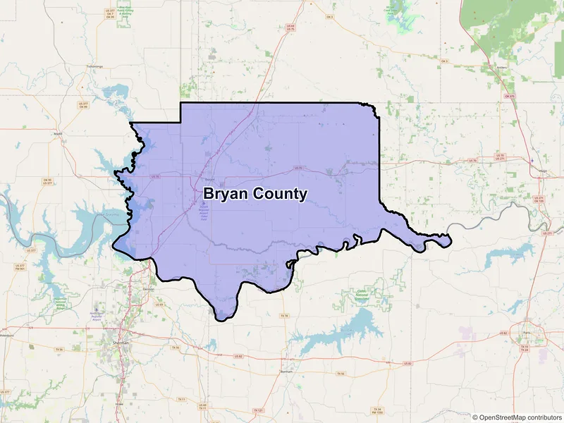 Map of Bryan County, Oklahoma and ZIP codes
