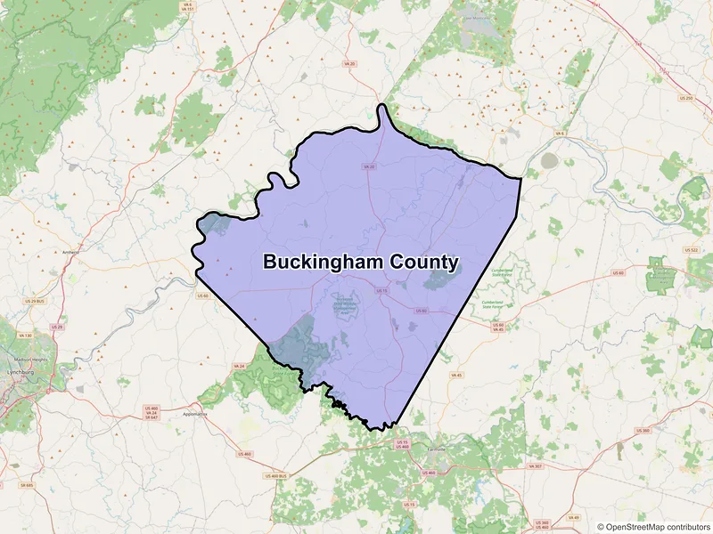 Map of Buckingham County, Virginia and ZIP codes
