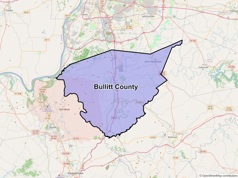 Map of Bullitt County, Kentucky and ZIP codes