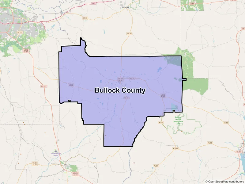Map of Bullock County, Alabama and ZIP codes
