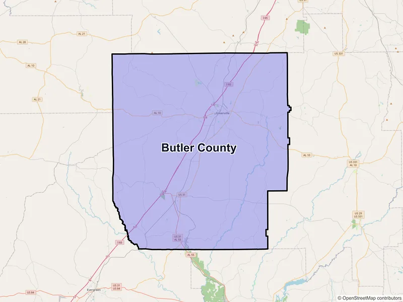 Map of Butler County, Alabama and ZIP codes