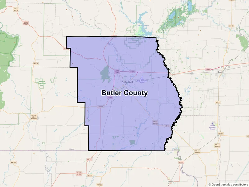 Map of Butler County, Missouri and ZIP codes