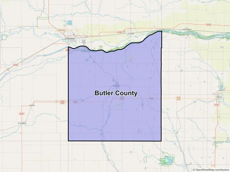 Map of Butler County, Nebraska and ZIP codes