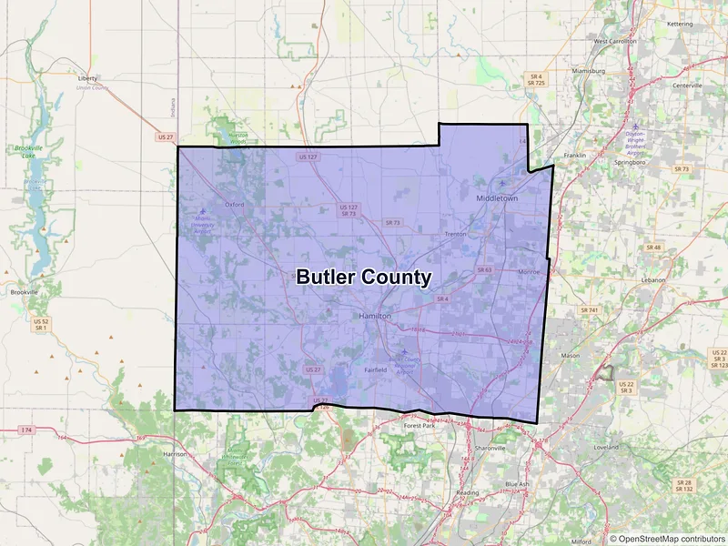Map of Butler County, Ohio and ZIP codes