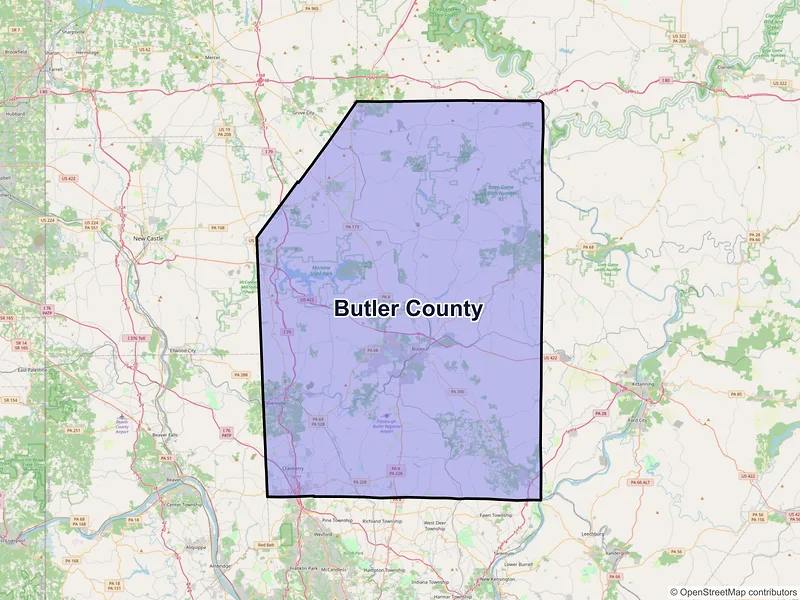 Map of Butler County, Pennsylvania and ZIP codes