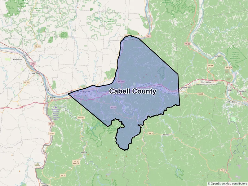 Map of Cabell County, West Virginia and ZIP codes