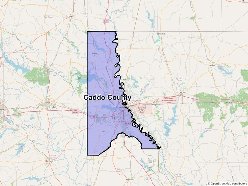 Map of Caddo County, Louisiana and ZIP codes