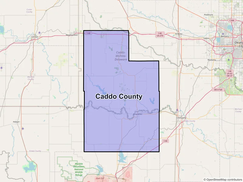 Map of Caddo County, Oklahoma and ZIP codes