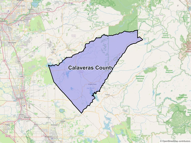 Map of Calaveras County, California and ZIP codes