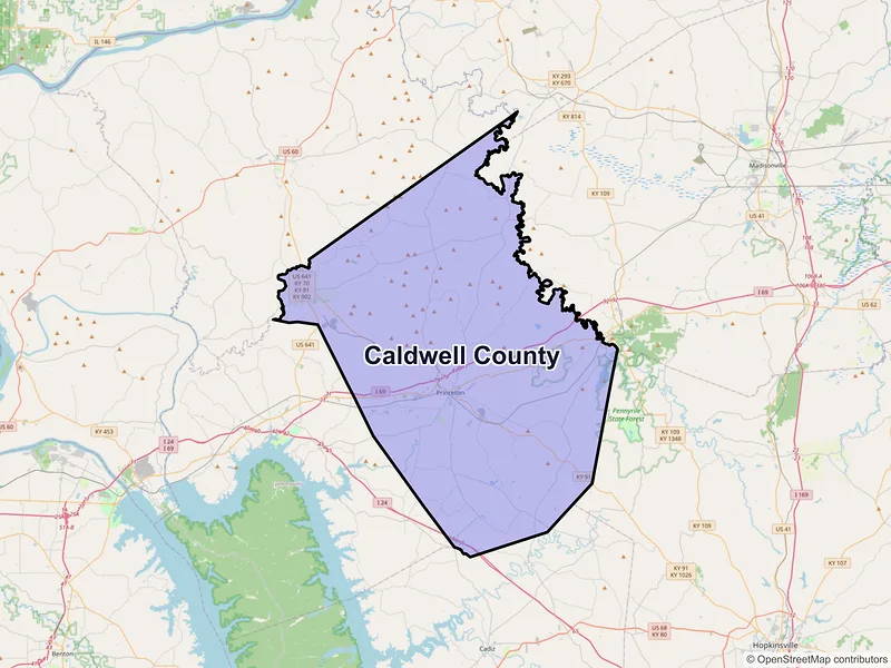 Map of Caldwell County, Kentucky and ZIP codes