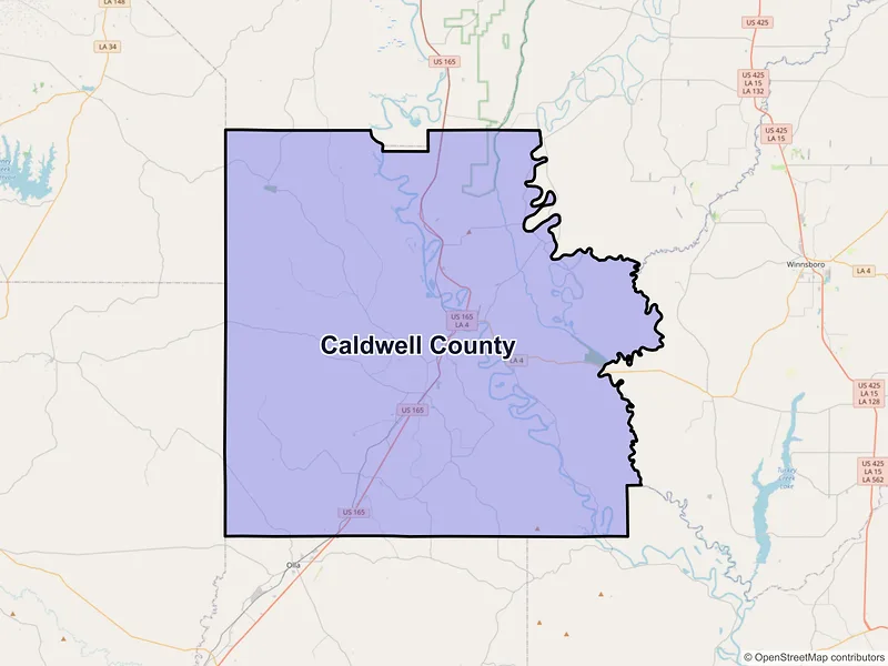 Map of Caldwell County, Louisiana and ZIP codes