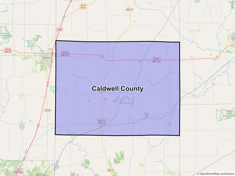 Map of Caldwell County, Missouri and ZIP codes