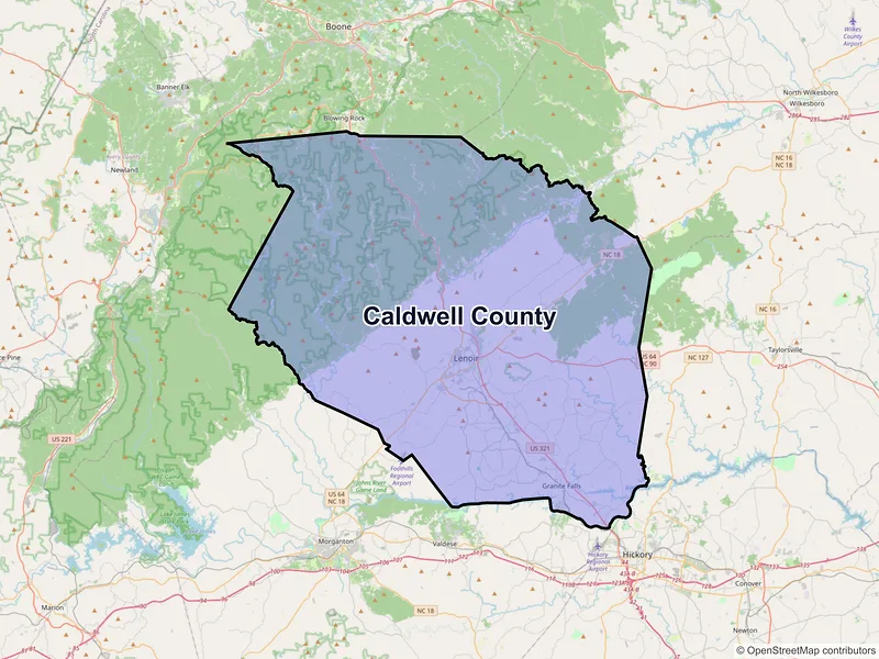 Map of Caldwell County, North Carolina and ZIP codes