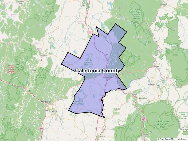 Map of Caledonia County, Vermont and ZIP codes