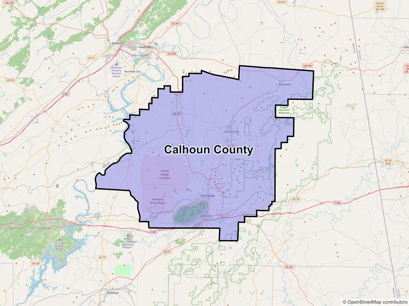 Map of Calhoun County, Alabama and ZIP codes
