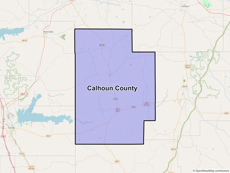 Map of Calhoun County, Mississippi and ZIP codes