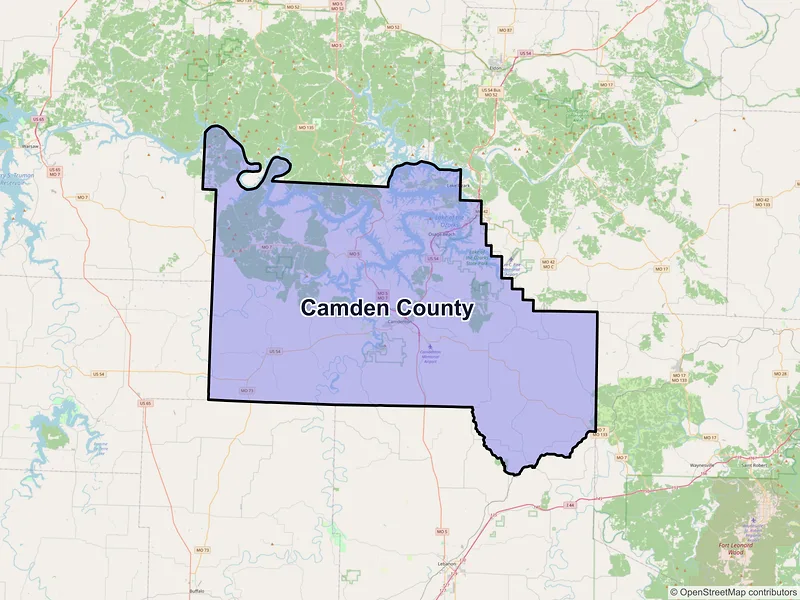 Map of Camden County, Missouri and ZIP codes