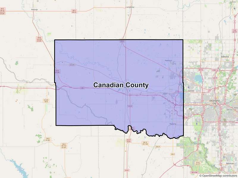Map of Canadian County, Oklahoma and ZIP codes