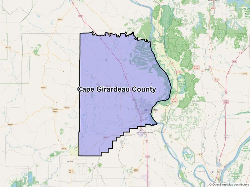 Map of Cape Girardeau County, Missouri and ZIP codes
