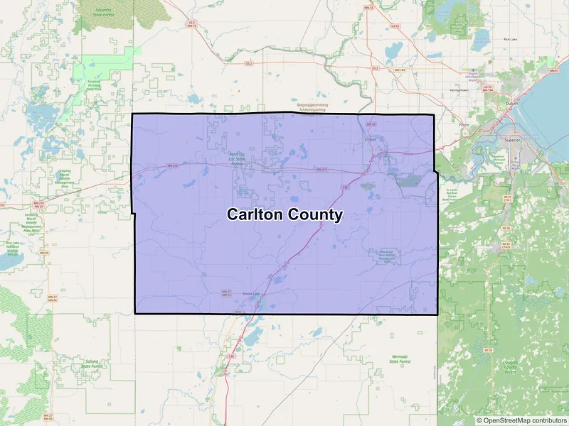 Map of Carlton County, Minnesota and ZIP codes