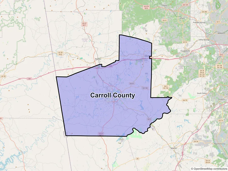 Map of Carroll County, Georgia and ZIP codes