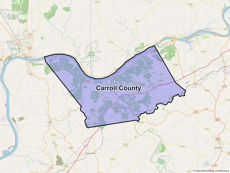 Map of Carroll County, Kentucky and ZIP codes