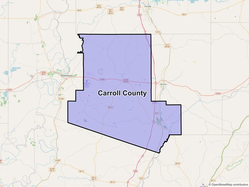 Map of Carroll County, Mississippi and ZIP codes