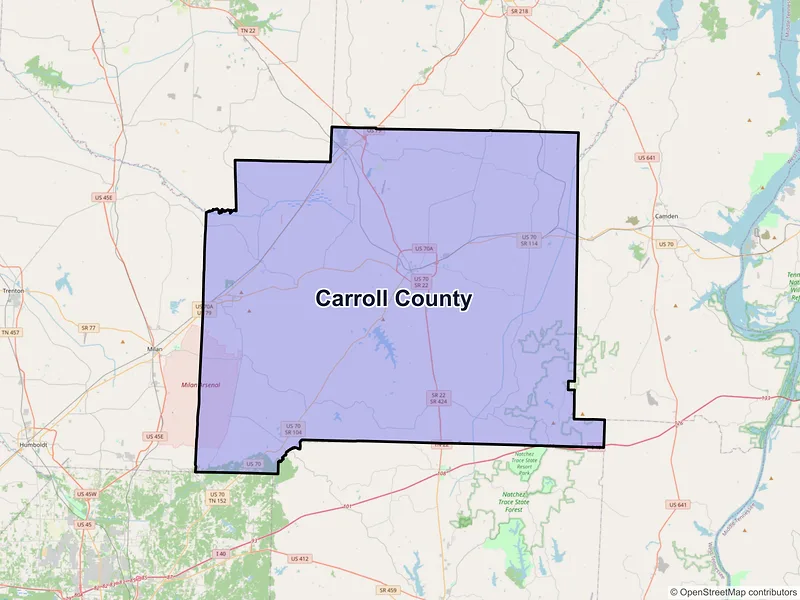 Map of Carroll County, Tennessee and ZIP codes