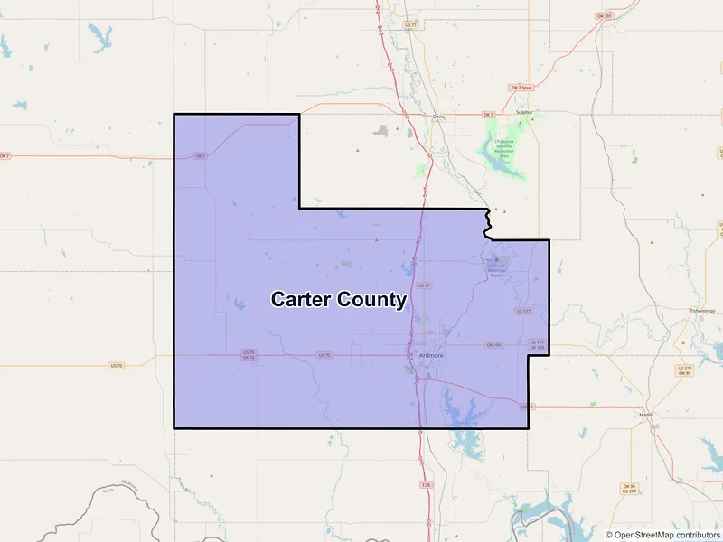 Map of Carter County, Oklahoma and ZIP codes