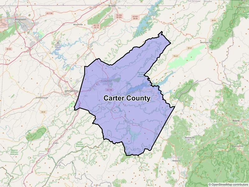 Map of Carter County, Tennessee and ZIP codes