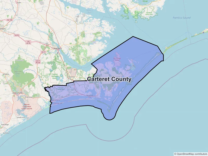 Map of Carteret County, North Carolina and ZIP codes