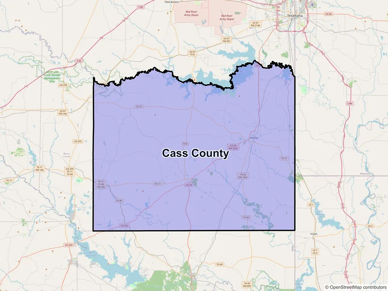 Map of Cass County, Texas and ZIP codes