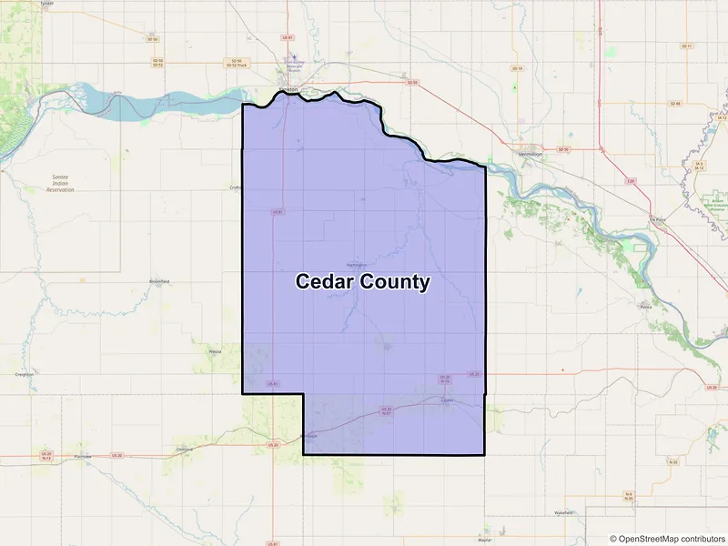 Map of Cedar County, Nebraska and ZIP codes