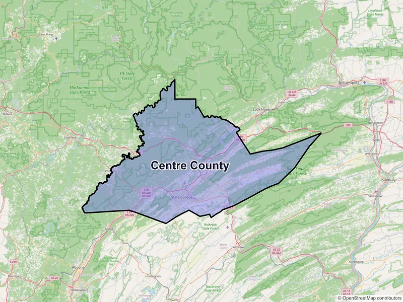 Map of Centre County, Pennsylvania and ZIP codes