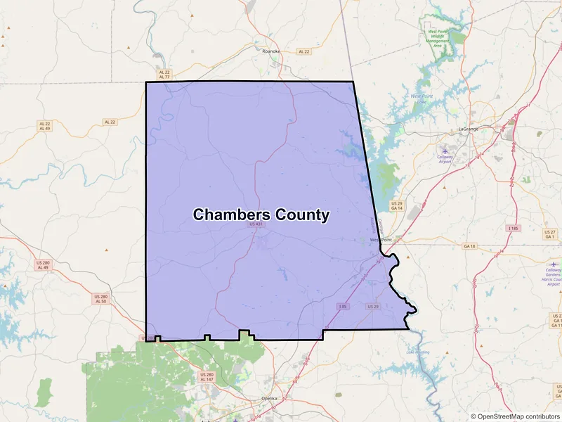 Map of Chambers County, Alabama and ZIP codes