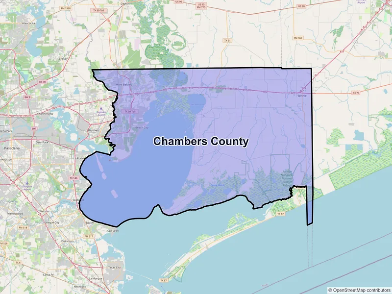 Map of Chambers County, Texas and ZIP codes