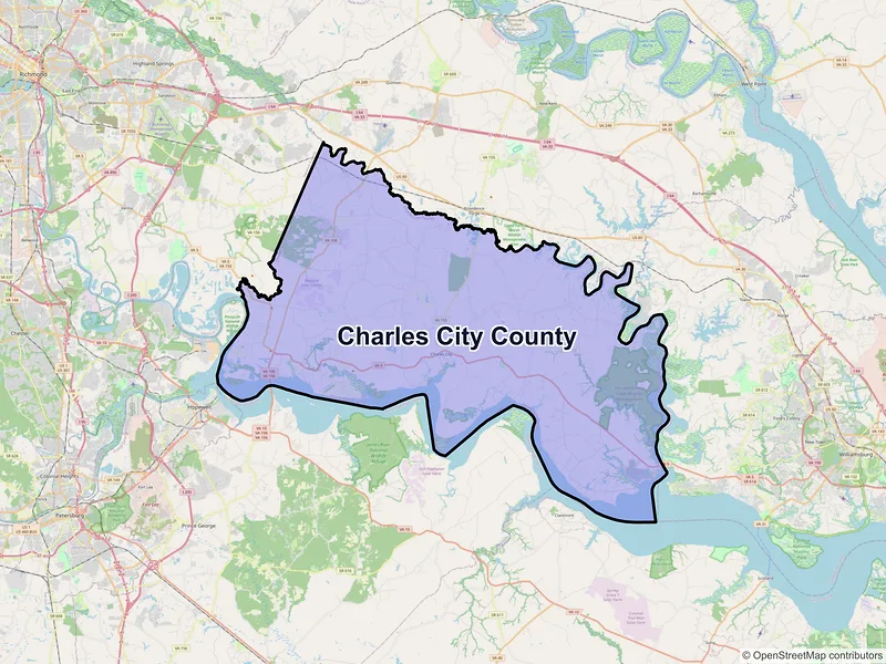Map of Charles City County, Virginia and ZIP codes