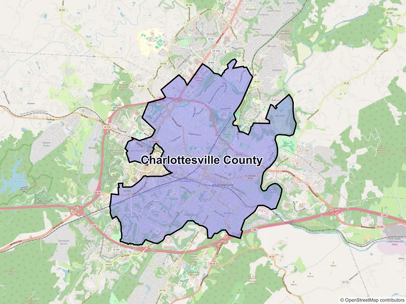 Map of Charlottesville County, Virginia and ZIP codes