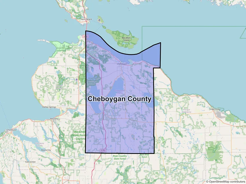 Map of Cheboygan County, Michigan and ZIP codes