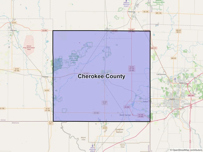 Map of Cherokee County, Kansas and ZIP codes