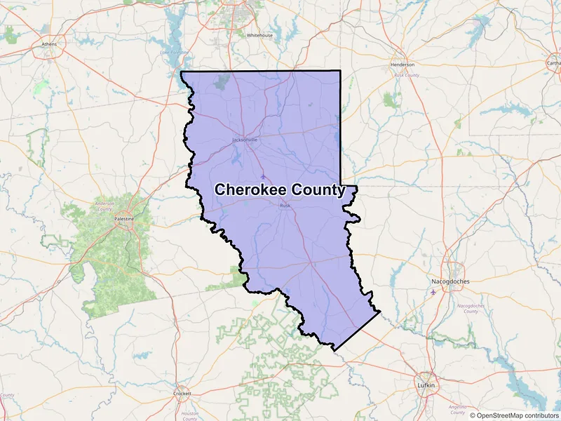 Map of Cherokee County, Texas and ZIP codes